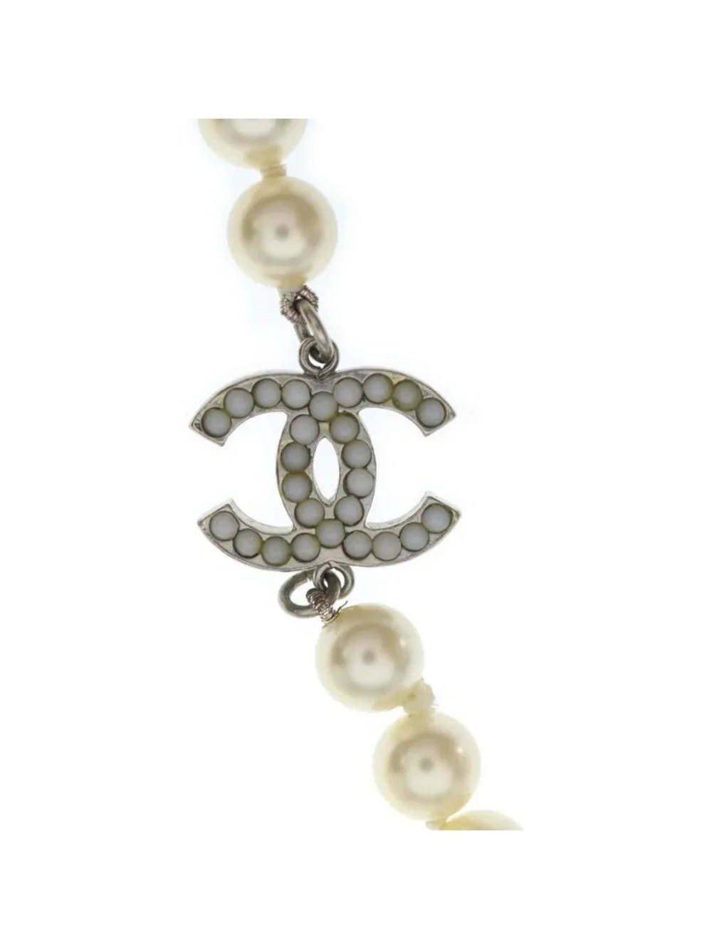 Chanel CC Logo Long Pearl Necklace White Gold White